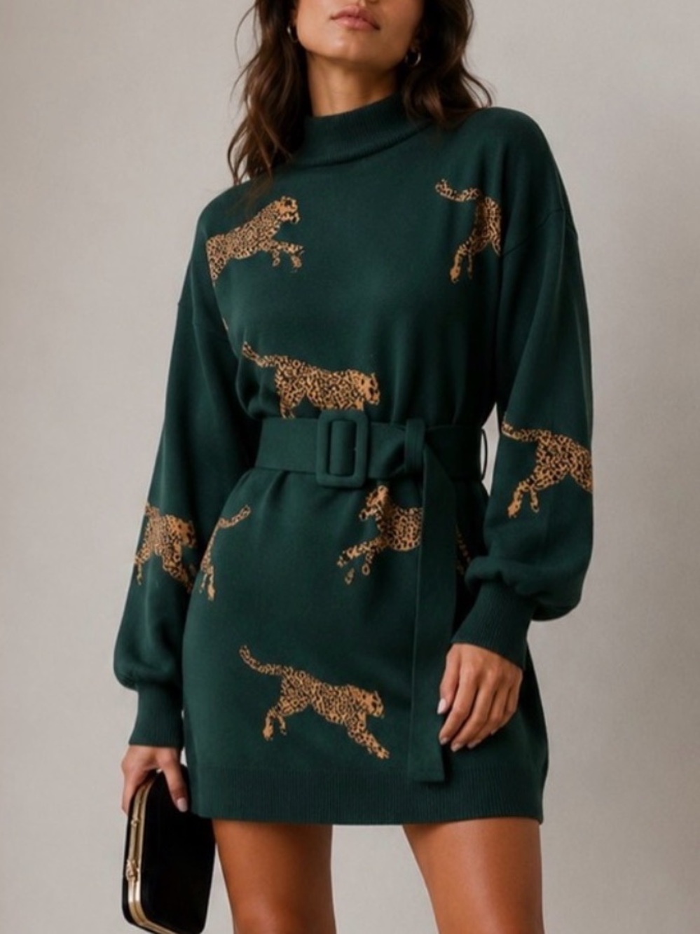 Blogger favorite Green Leopard Print Dress Belt Long Sleeve Knit Mini Chic Style
